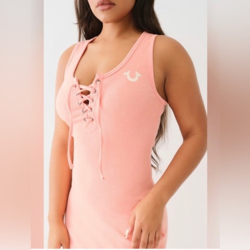 True Religion coral almond sleeveless fitted sexy lace up midi dress size large